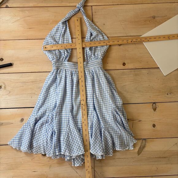 Mable NWT Women's Blue Gingham Backless Cross Front Mini Dress Flowy M - Picture 8 of 8